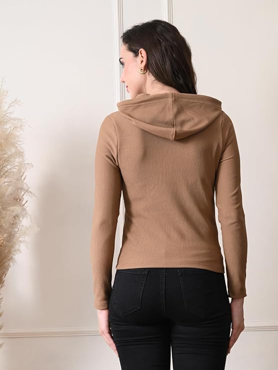 Cotton Full Sleeve Hoddie Women Solid Brown Hoodie Jacket