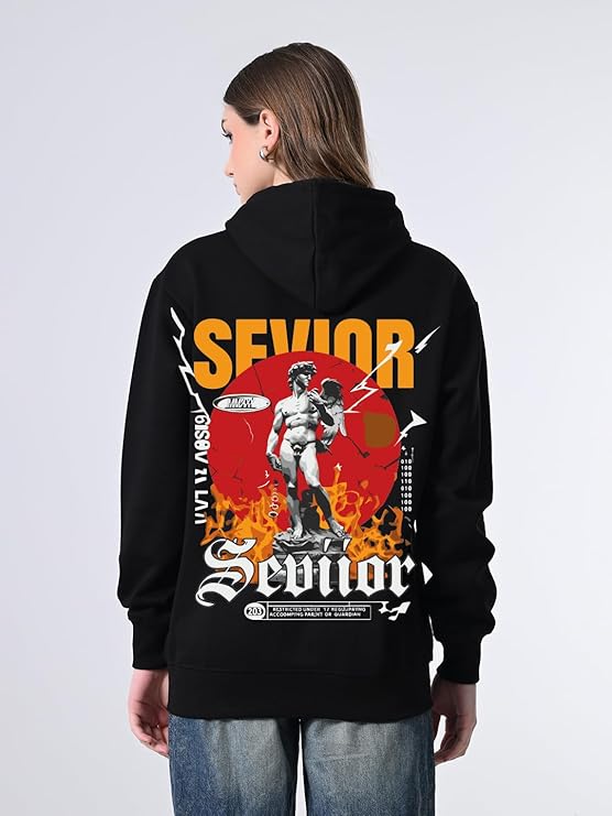 Women’s Printed Black Hoodie – Fleece Pullover, Relaxed Fit & Kangaroo Pocket