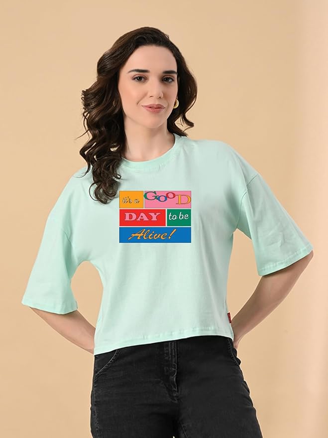 Women's Stylish Printed Oversized Crop T-Shirt with Half Sleeve - Pure Cotton Trendy Round Neck Peach Top for Casual