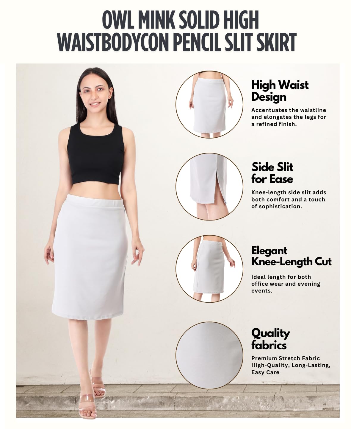 Women's Grey High-Waist Bodycon Pencil Skirt | Knee-Length Slit