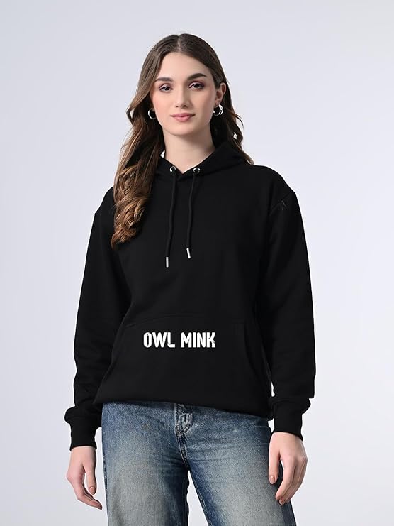 Women’s Black Relaxed Fit Hoodie – Printed Fleece Pullover with Kangaroo Pocket