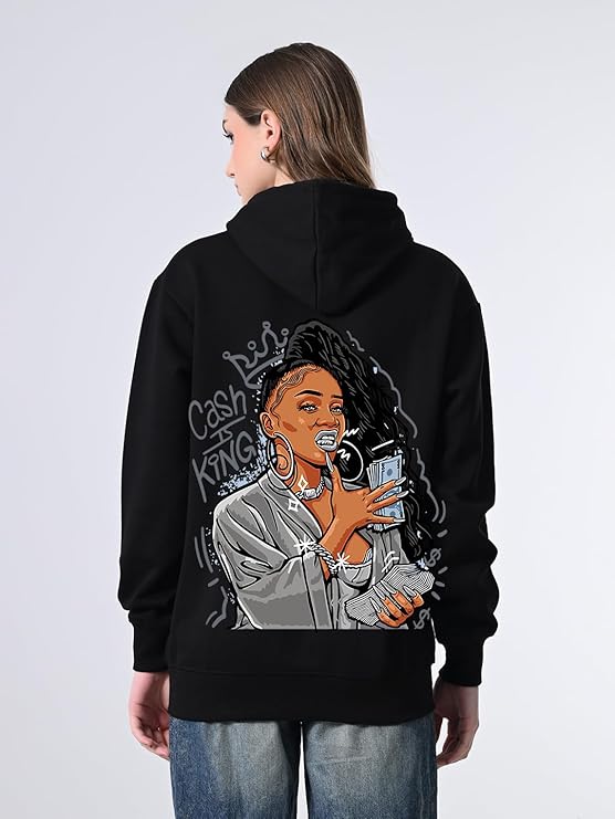 Women’s Black Printed Fleece Hoodie – Cozy Relaxed Fit Pullover