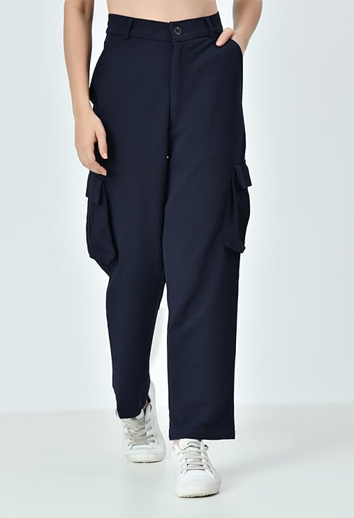 High Rise Women’s Baggy Cargo Jeans – Stretchable Fabric with 4 Utility Pockets