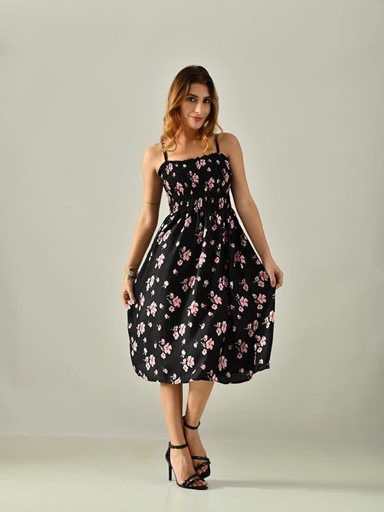 OWL MINK Women’s Flared Calf-Length Dress | Sleeveless Rayon Crepe Black