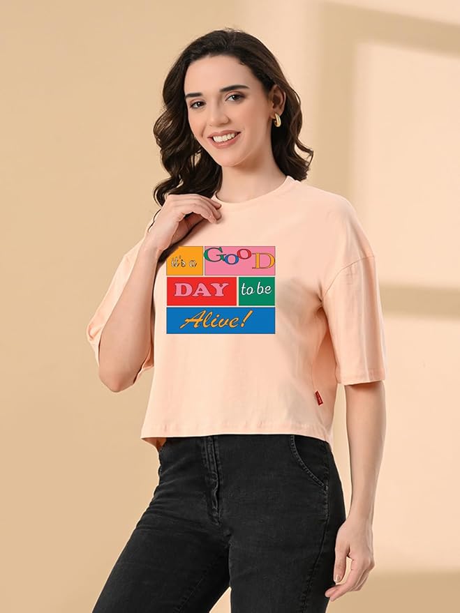 Women's Stylish Printed Oversized Crop T-Shirt with Half Sleeve - Pure Cotton Trendy Round Neck Peach Top for Casual