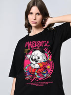 Women’s Oversized Drop-Shoulder Black Printed T-Shirt – 100% Pure Cotton