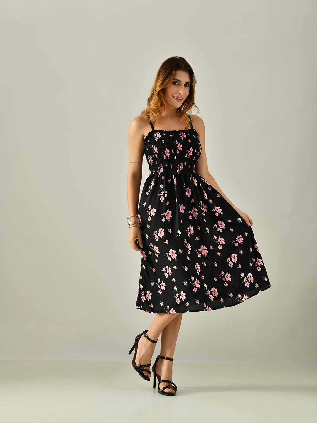 OWL MINK Women’s Flared Calf-Length Dress | Sleeveless Rayon Crepe