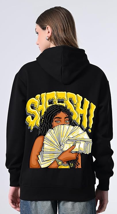 Women’s Black Printed Hoodie – Soft Fleece Pullover with Kangaroo Pocket