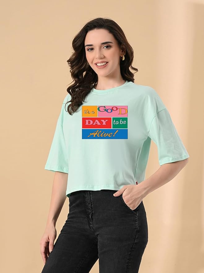 Women's Stylish Printed Oversized Crop T-Shirt with Half Sleeve - Pure Cotton Trendy Round Neck Peach Top for Casual