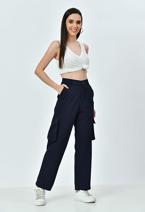 High Rise Women’s Baggy Cargo Jeans – Stretchable Fabric with 4 Utility Pockets