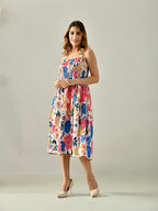 OWL MINK Women’s Flared Calf-Length Dress | Sleeveless Rayon Crepe multicolor