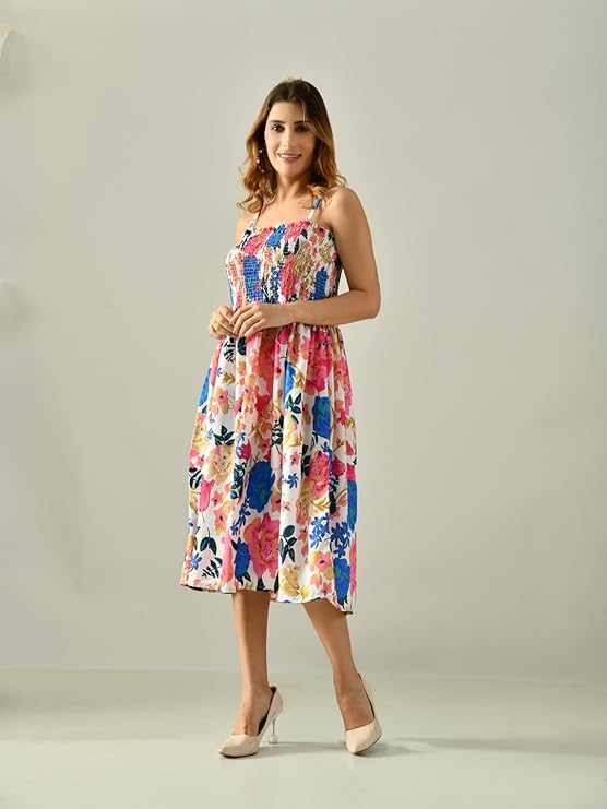 OWL MINK Women’s Flared Calf-Length Dress | Sleeveless Rayon Crepe multicolor