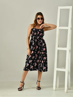 OWL MINK Women’s Flared Calf-Length Dress | Sleeveless Rayon Crepe Black