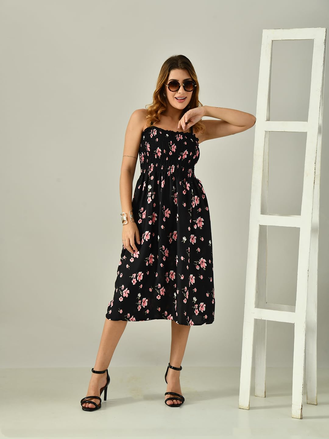 OWL MINK Women’s Flared Calf-Length Dress | Sleeveless Rayon Crepe