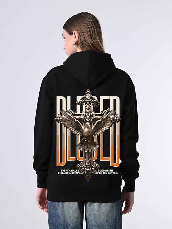 Women’s Black Relaxed Fit Hoodie – Printed Fleece Pullover with Kangaroo Pocket