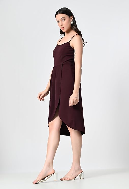 Women Asymmetric Dress (in, Alpha, XS, Regular, Maroon)