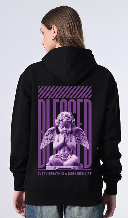 Women’s Black Printed Hoodie – Relaxed Fit Fleece Pullover with Kangaroo Pocket