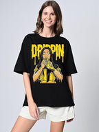 100% Cotton Women’s Oversized Drop Shoulder Printed T-Shirt – Half Sleeves, Round Neck, Black