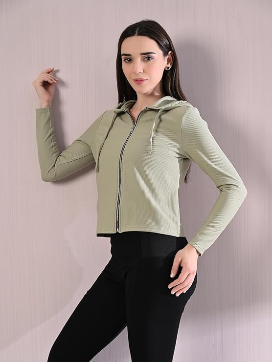 Cotton Full Sleeve Hoddie Women Solid Mint Green Hoodie Jacket