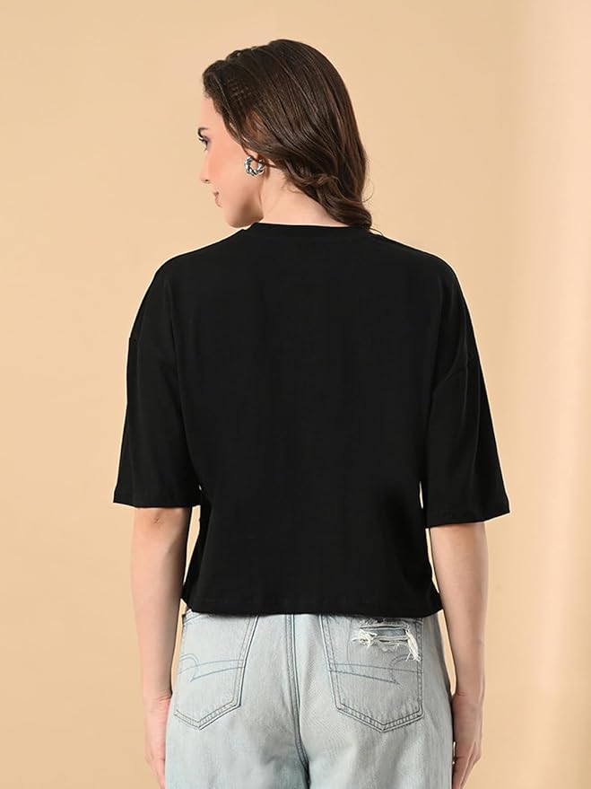 Women's Stylish Printed Oversized Crop T-Shirt with Half Sleeve - Pure Cotton
