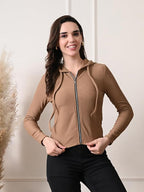 Cotton Full Sleeve Hoddie Women Solid Brown Hoodie Jacket