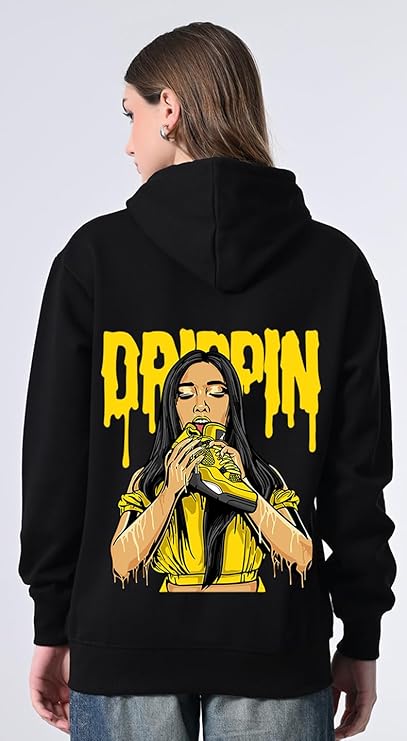 Women’s Relaxed Black Hoodie – Printed Fleece with Pocket