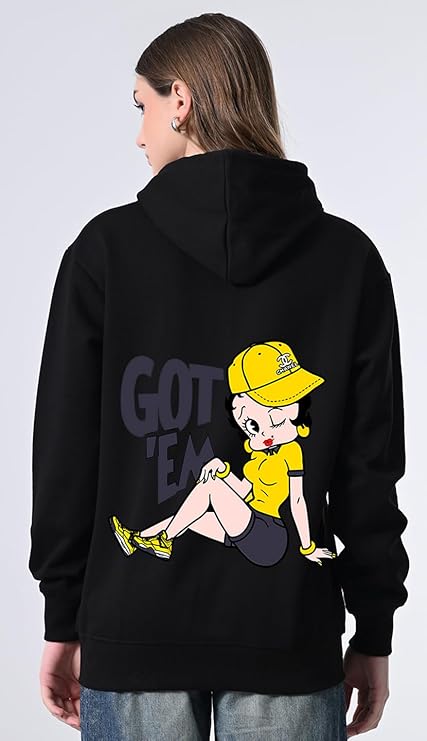 Women’s Soft Fleece Black Hoodie – Printed Relaxed Fit Design