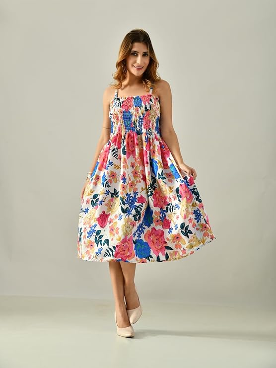 OWL MINK Women’s Flared Calf-Length Dress | Sleeveless Rayon Crepe multicolor