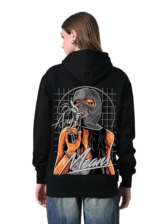 Women’s Relaxed Fit Black Printed Hoodie with Front Kangaroo Pocket