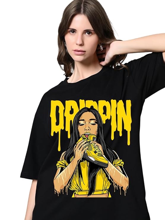 100% Cotton Women’s Oversized Drop Shoulder Printed T-Shirt – Half Sleeves, Round Neck, Black