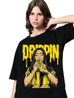 100% Cotton Women’s Oversized Drop Shoulder Printed T-Shirt – Half Sleeves, Round Neck, Black