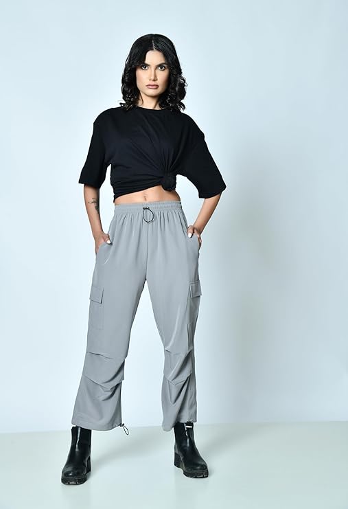 Loose Fit High-Waist Pleated Cargo Pants for Women – Poplin Lycra Fabric