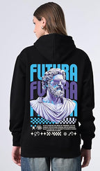 Women’s Black Printed Pullover Hoodie – Relaxed Fit, Fleece, Kangaroo Pocket