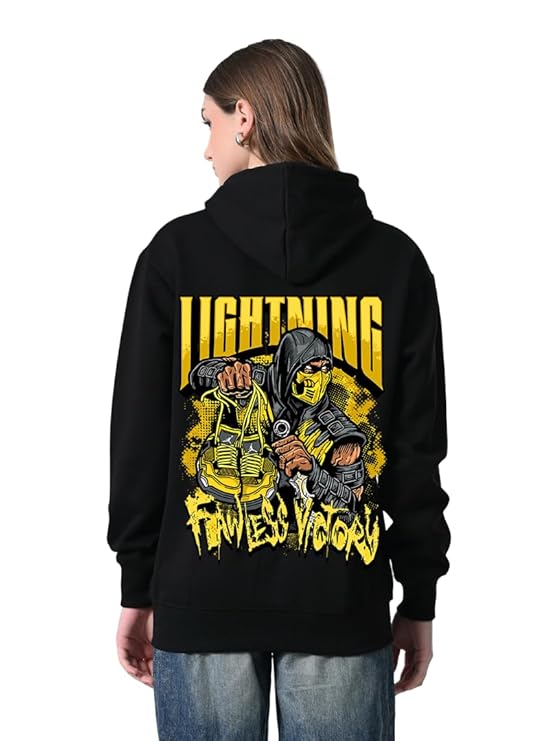 Women’s Fleece Hoodie – Black Printed Pullover with Kangaroo Pocket