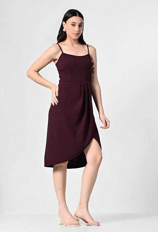 Women Asymmetric Dress (in, Alpha, XS, Regular, Maroon)
