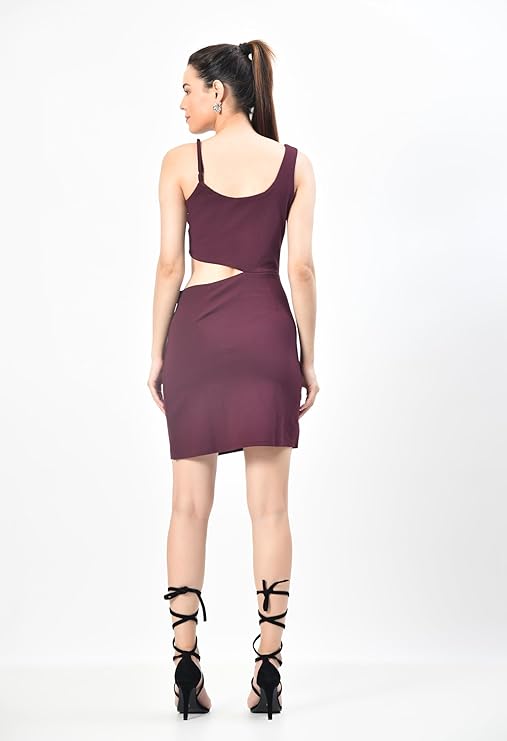 Maroon Sleeveless Round Neck Cut-Out Bodycon Mini Dress for Women