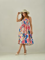 OWL MINK Women’s Flared Calf-Length Dress | Sleeveless Rayon Crepe multicolor