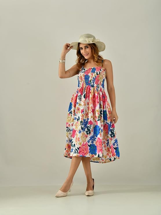 OWL MINK Women’s Flared Calf-Length Dress | Sleeveless Rayon Crepe multicolor