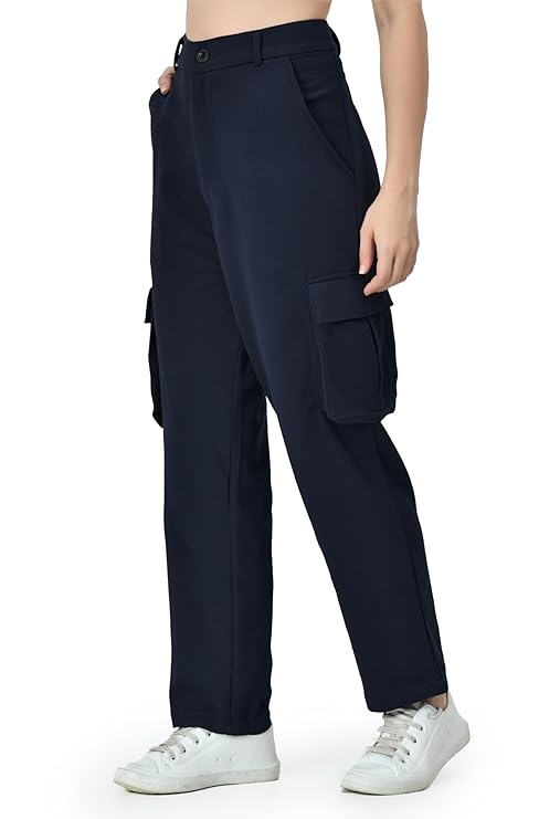 High Rise Women’s Baggy Cargo Jeans – Stretchable Fabric with 4 Utility Pockets