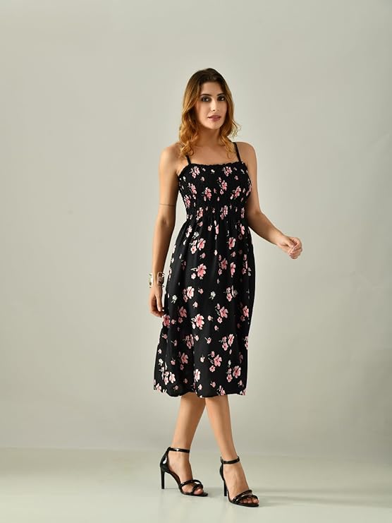 OWL MINK Women’s Flared Calf-Length Dress | Sleeveless Rayon Crepe Black