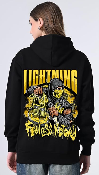 Women’s Fleece Hoodie – Black Printed Pullover with Kangaroo Pocket