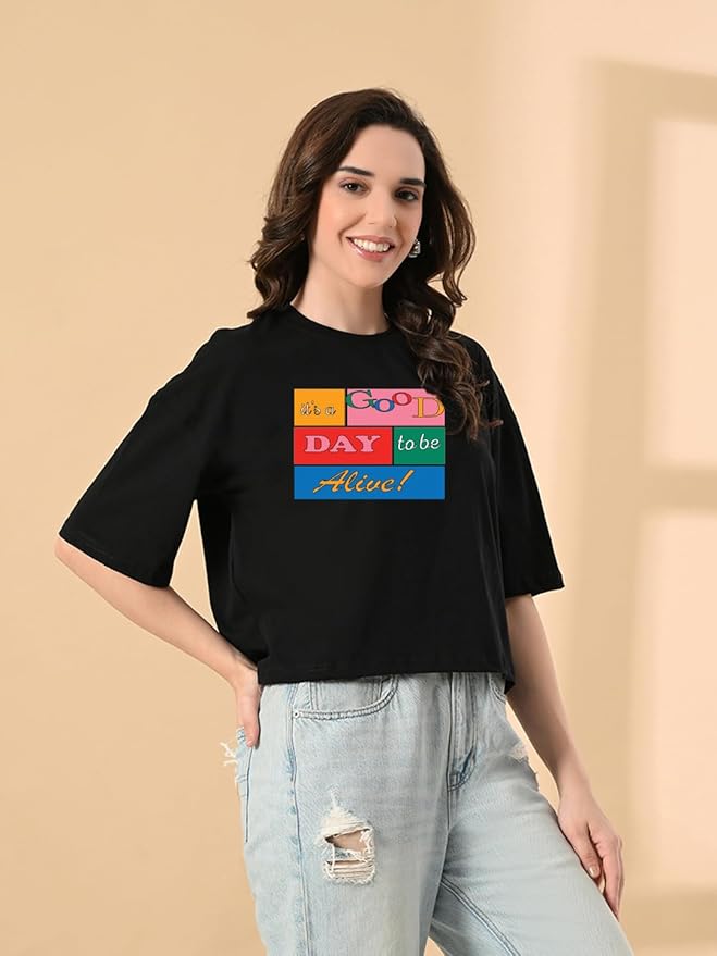 Women's Stylish Printed Oversized Crop T-Shirt with Half Sleeve - Pure Cotton