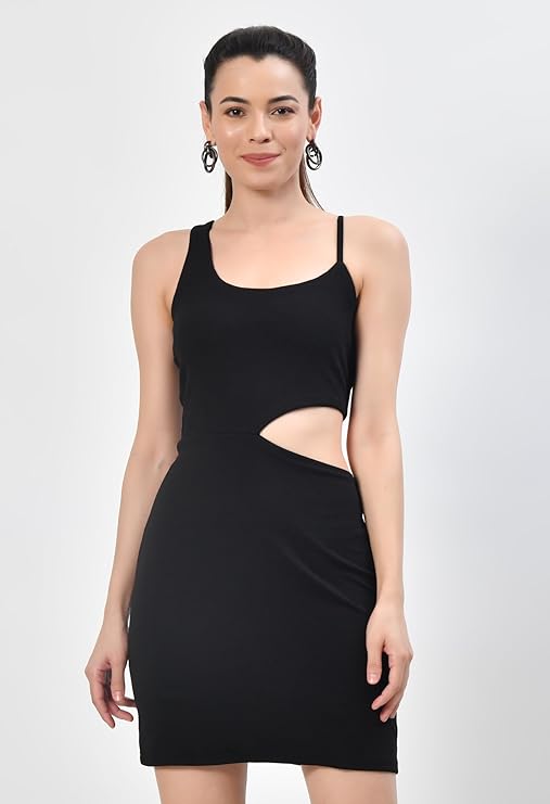 Black Sleeveless Round Neck Cut-Out Bodycon Mini Dress for Women