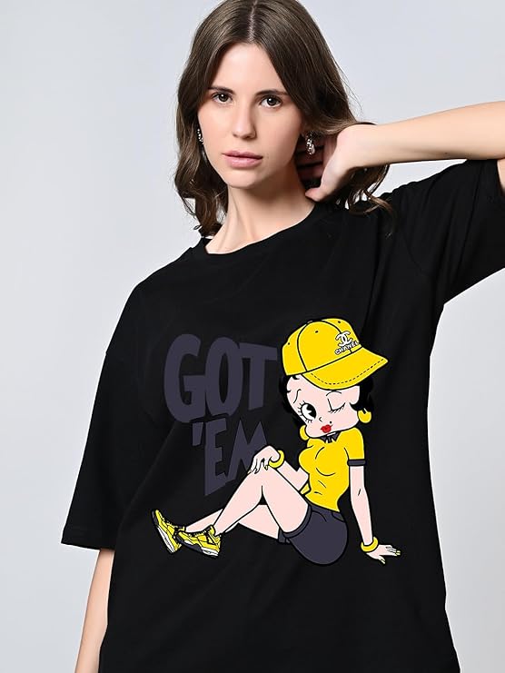 Pure Cotton Oversized Black Printed T-Shirt for Women – Drop Shoulder, Round Neck, Half Sleeves