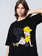 Pure Cotton Oversized Black Printed T-Shirt for Women – Drop Shoulder, Round Neck, Half Sleeves