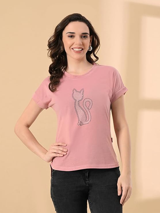 Stylish High-Low Cat Print Tee for Women