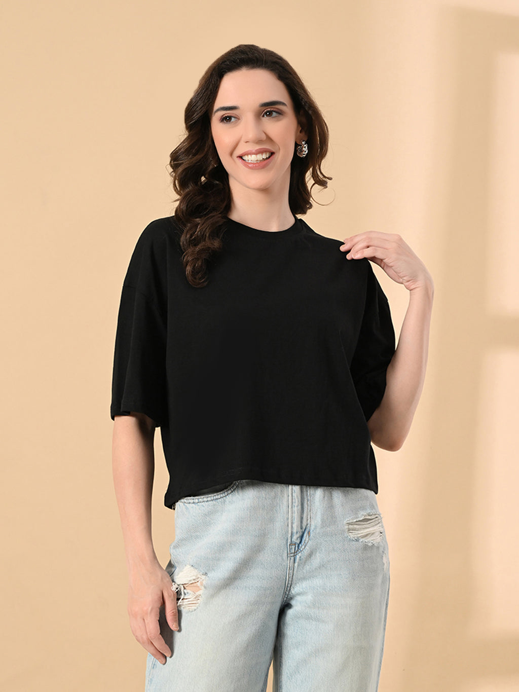 Women's Oversized Drop Shoulder Crop T-Shirt – 100% Cotton, Round Neck Half Sleeves
