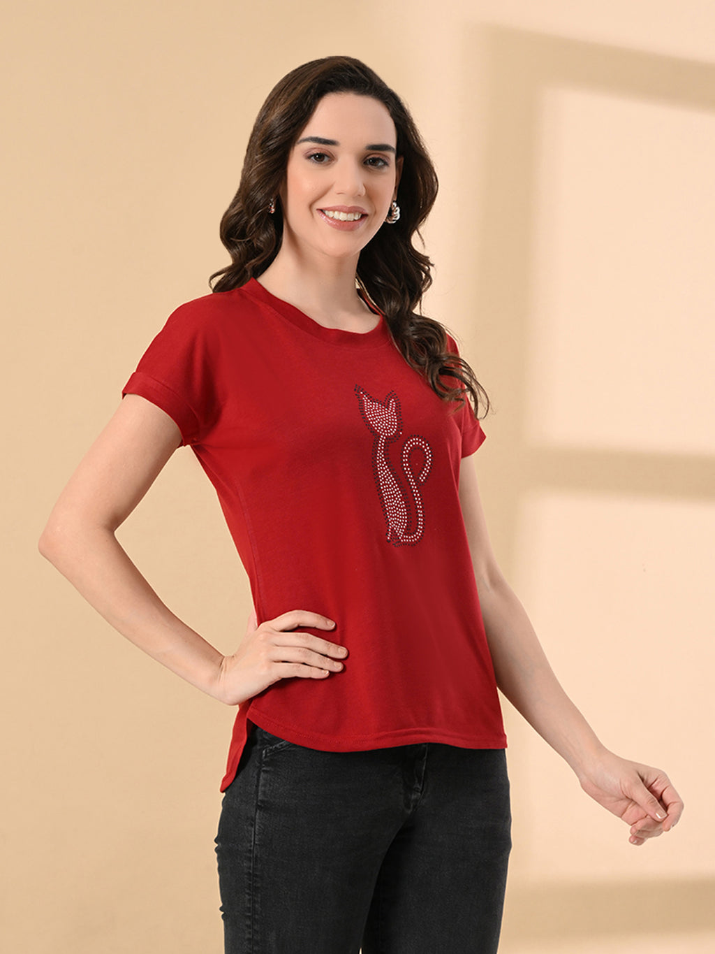 Women’s High-Low T-Shirt with Crystal Cat Print