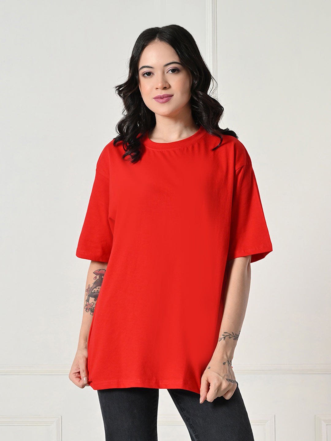 Oversized Drop Shoulder Women’s T-Shirt – Pure Cotton, Round Neck, Relaxed Fit Red