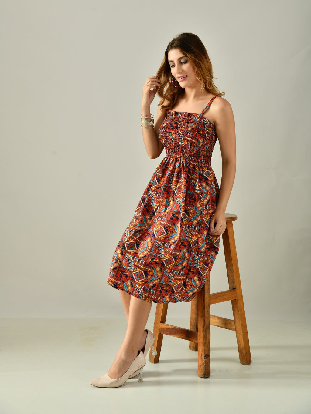 OWL MINK Women’s Flared Calf-Length Dress | Sleeveless Rayon Crepe